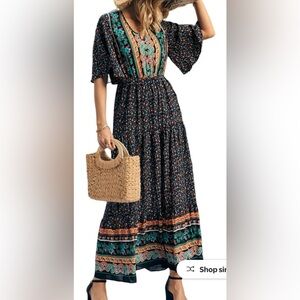 Pretty Garden Maxi Dress Black Floral Ruffle Hem Smock Waist